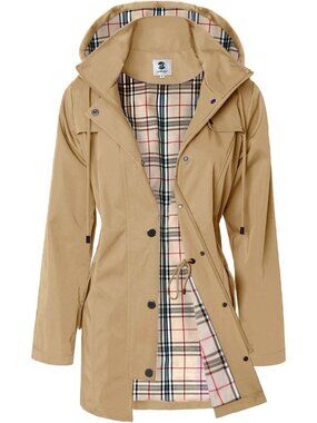 Women's Dark Khaki Long Hooded Rain Jacket Outdoor Raincoat Windbreaker Coats